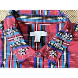Charter Club Rhinestone Tartan Plaid Shirt‎ 16 Red Button Christmas Holiday